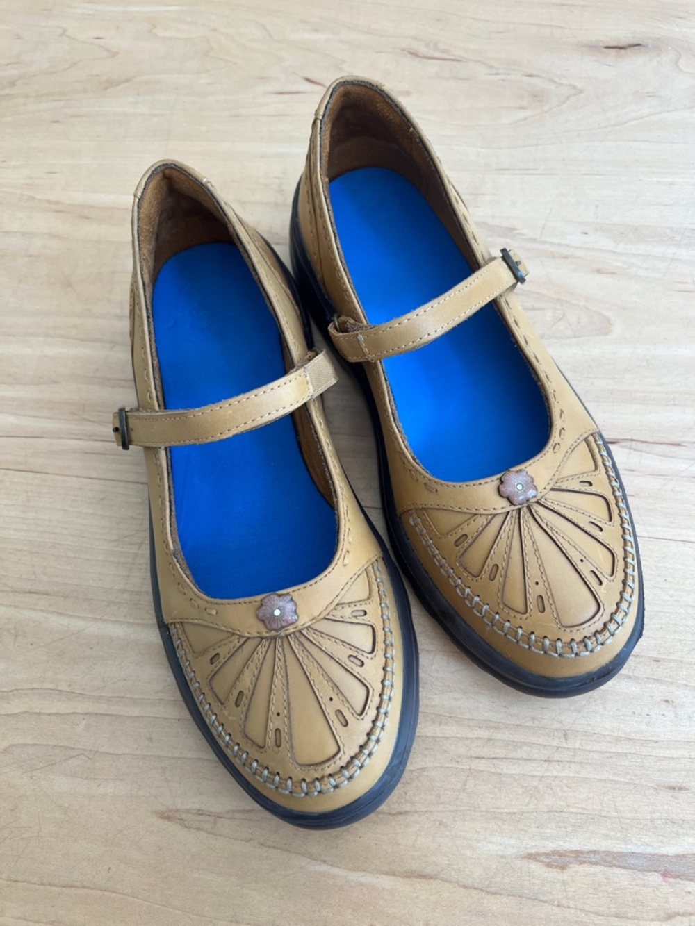 Women’s Tan Mary Jane Flats with Decorative Flower Accent